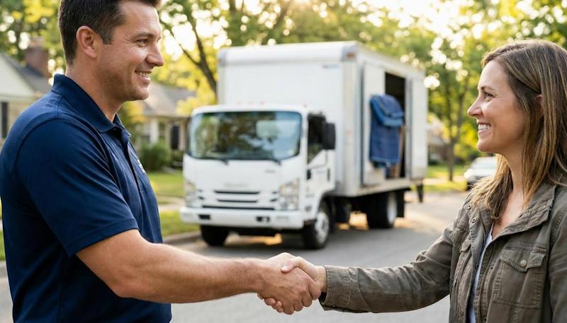 Erfolgreiche Übergabe – Handschlag zwischen Umzugshelfer und zufriedenem Kunden nach erfolgreichem Umzug