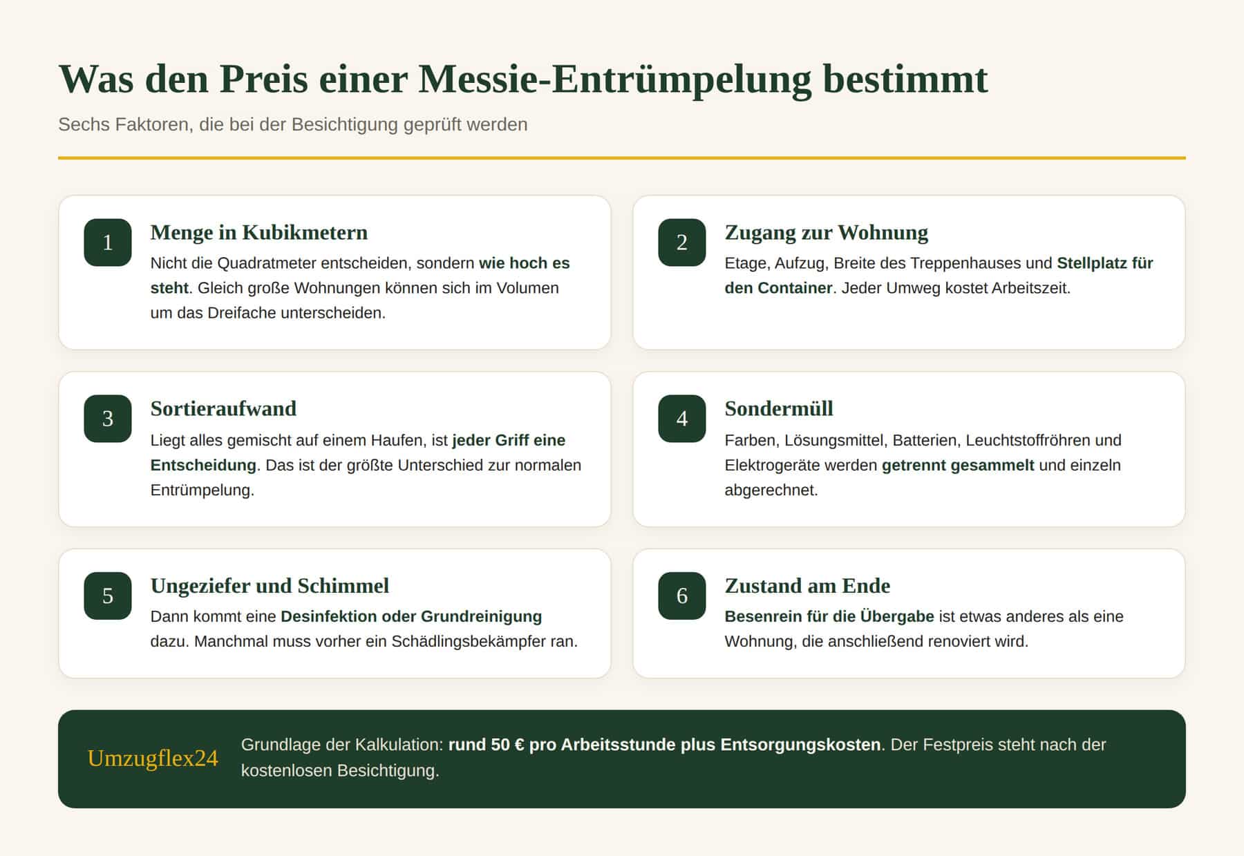 Grafik mit sechs Faktoren, die den Preis einer Messie-Entrümpelung bestimmen: Menge, Zugang, Sortieraufwand, Sondermüll, Ungeziefer und Zustand am Ende