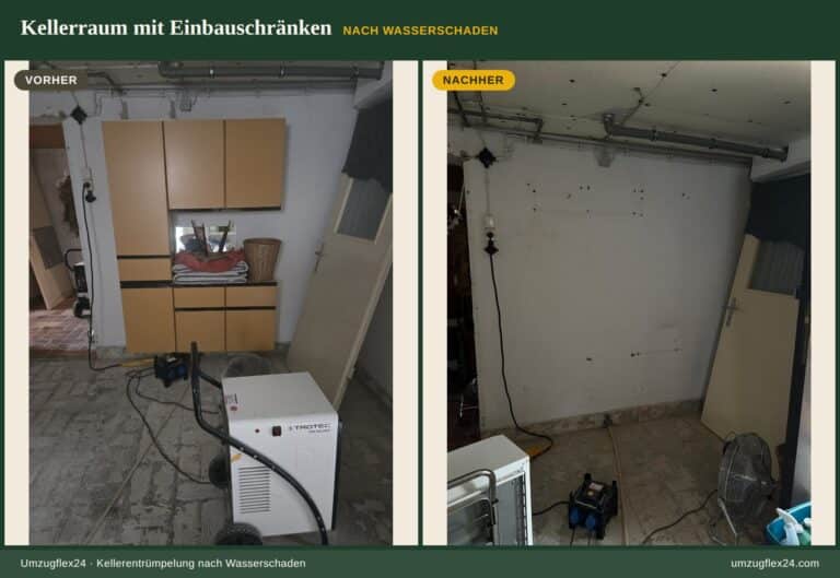 Wasserschaden im Keller: Raum mit Einbauschränken vor und nach der Räumung, im Bild der Bautrockner