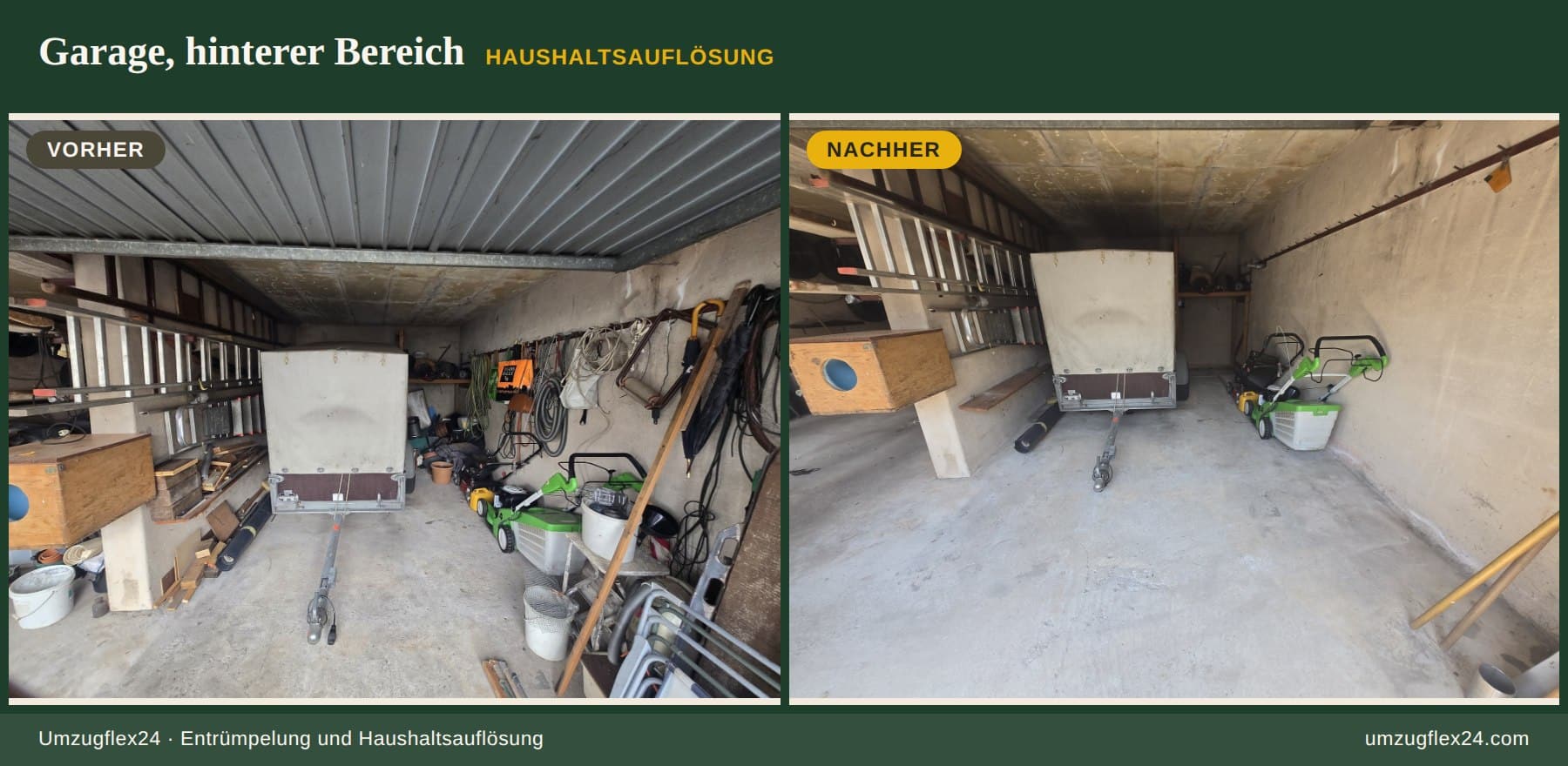 Hinterer Garagenbereich mit Anhänger, Leitern und Geräten vor und nach der Räumung