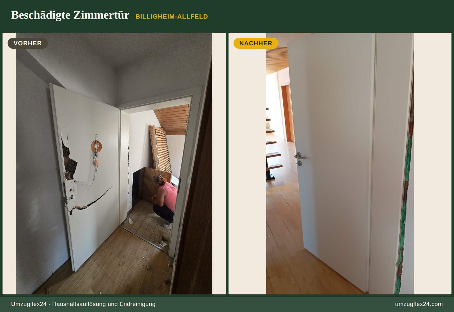 Beschädigte Zimmertür vor und nach dem Austausch gegen ein neues Blatt