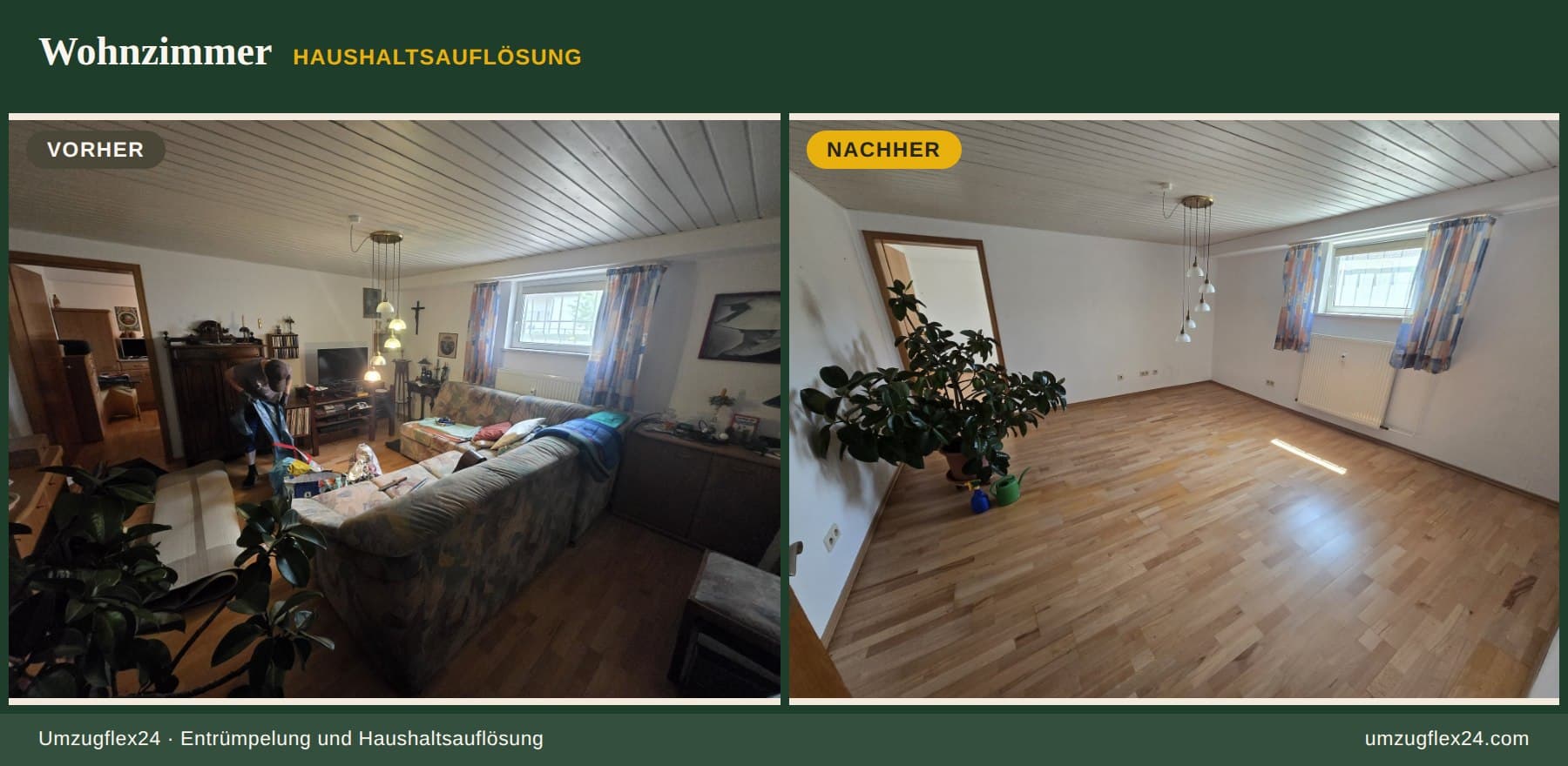 Wohnzimmer mit Polstergarnitur und Möbeln vor und nach der Haushaltsauflösung