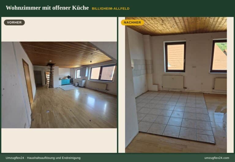 Haushaltsauflösung mit Endreinigung: Wohnzimmer und offene Küche vor und nach der Räumung