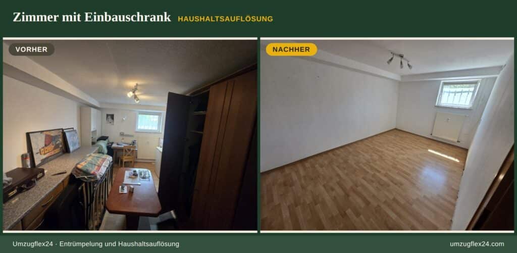Zimmer mit Einbauschrank und Schreibtisch vor und nach der Haushaltsauflösung: links eingerichtet, rechts leer und gereinigt
