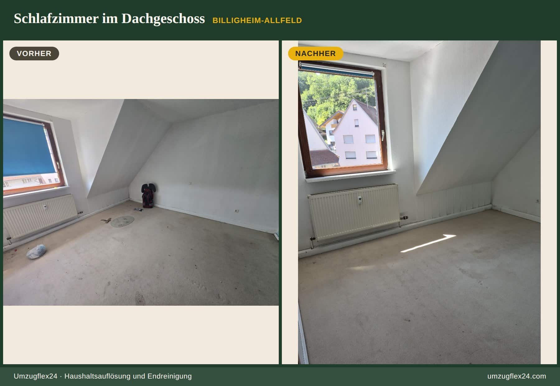 Schlafzimmer im Dachgeschoss vor und nach der Räumung mit gereinigtem Teppichboden